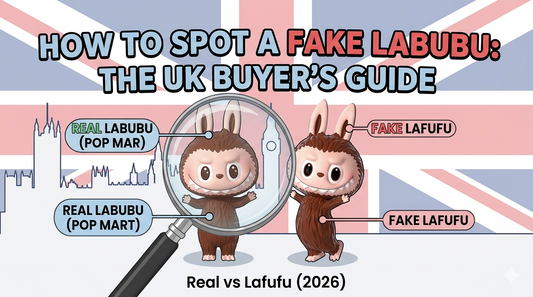 An educational guide image titled 'How to Spot a Fake Labubu: The UK Buyer's Guide' featuring a real Pop Mart Labubu figure under a magnifying glass contrasted next to a fake 'Lafufu' figure against a UK flag background