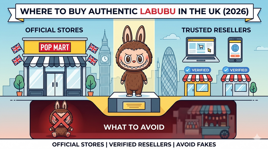 An illustrative guide image showing where to buy authentic Labubu in the UK (2026), including official stores, verified resellers, and a section on what to avoid, like fake Lafufu