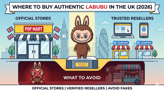 An illustrative guide image showing where to buy authentic Labubu in the UK (2026), including official stores, verified resellers, and a section on what to avoid, like fake Lafufu