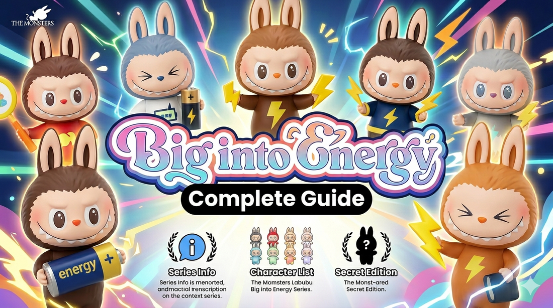 A vibrant complete guide image for the 'The Monsters Labubu Big into Energy' art toy series, showcasing all eight characters, lightning effects, a central 'Big into Energy Complete Guide' title, series info, character list, and secret edition silhouette