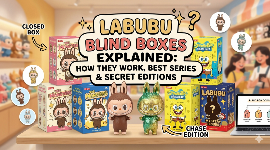 A cheerful image illustrating how Labubu blind box mystery figures work, showing various Pop Mart series, secret editions, and chase figure odds against a warm toy store background for a blog post