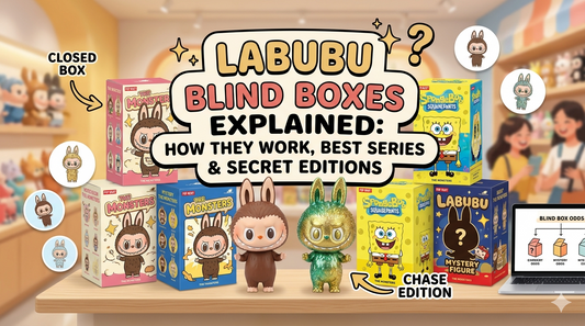 A cheerful image illustrating how Labubu blind box mystery figures work, showing various Pop Mart series, secret editions, and chase figure odds against a warm toy store background for a blog post