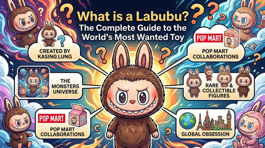 Labubu universe breakdown exploring the character's origins, Pop Mart blind box editions, and rare art toy variants against an energetic, swirling cosmic background filled with question marks
