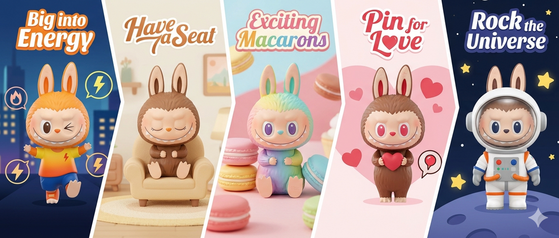 A comparison image for a blog post titled 'Which Labubu Series Should You Buy?', showcasing and differentiating five popular series with iconic figures: Big into Energy, Have a Seat, Exciting Macarons, Pin for Love, and Rock the Universe