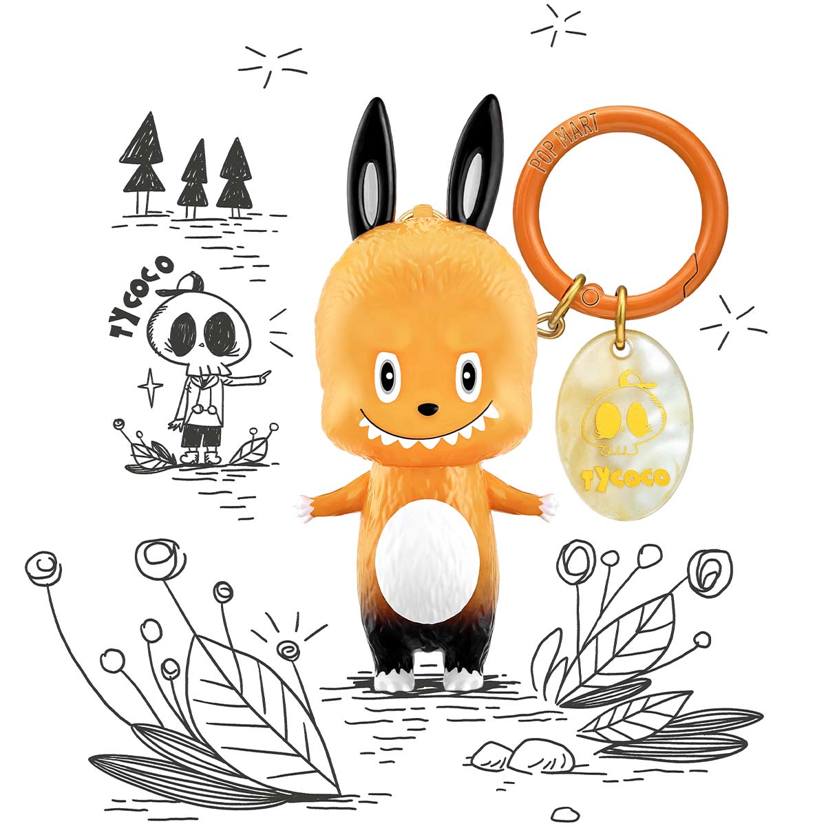 Black Labubu character figure posed against a black and white stylized urban illustration