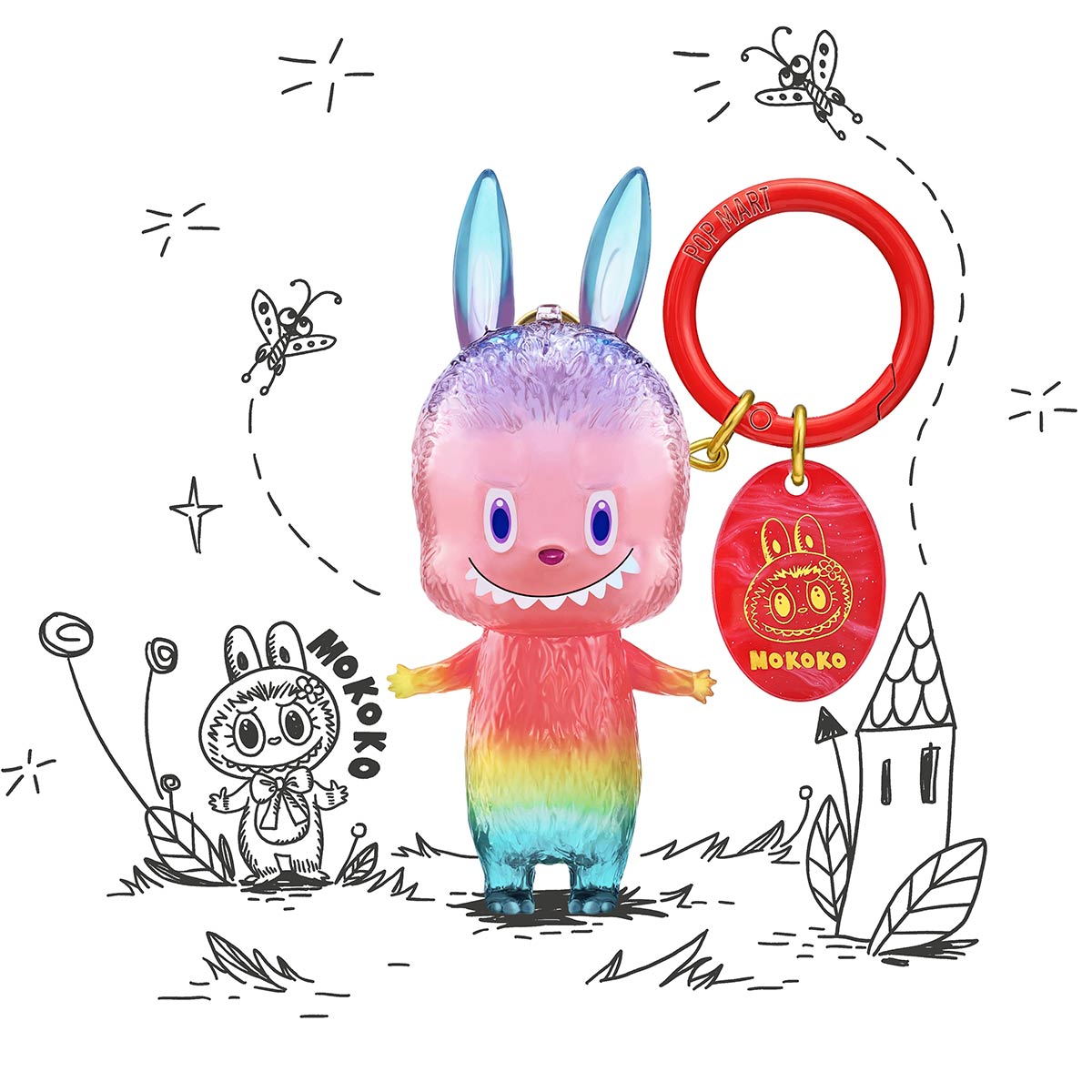 Pink Labubu character figure posed against a black and white stylized urban illustration