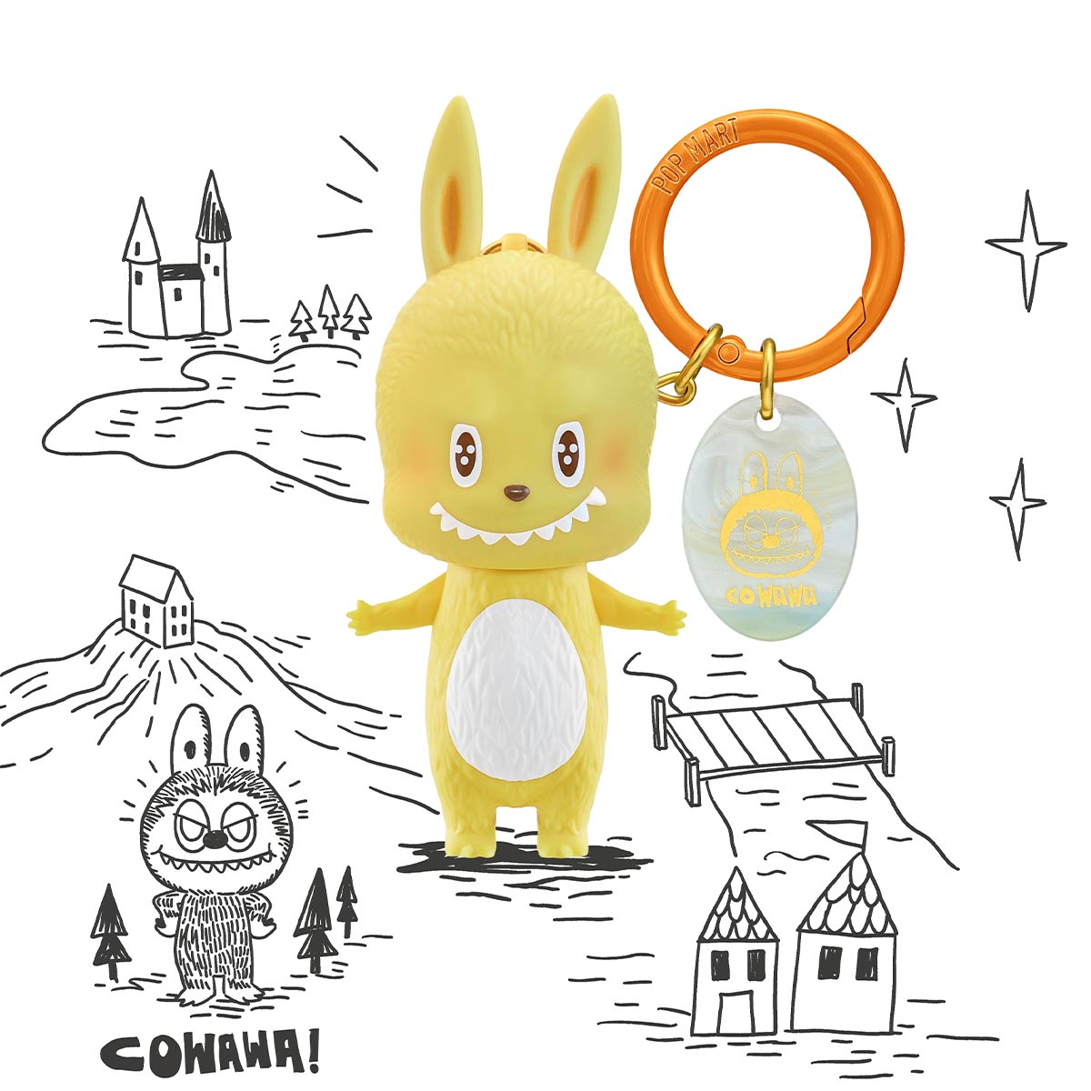 Yellow Labubu character figure posed against a black and white stylized urban illustration