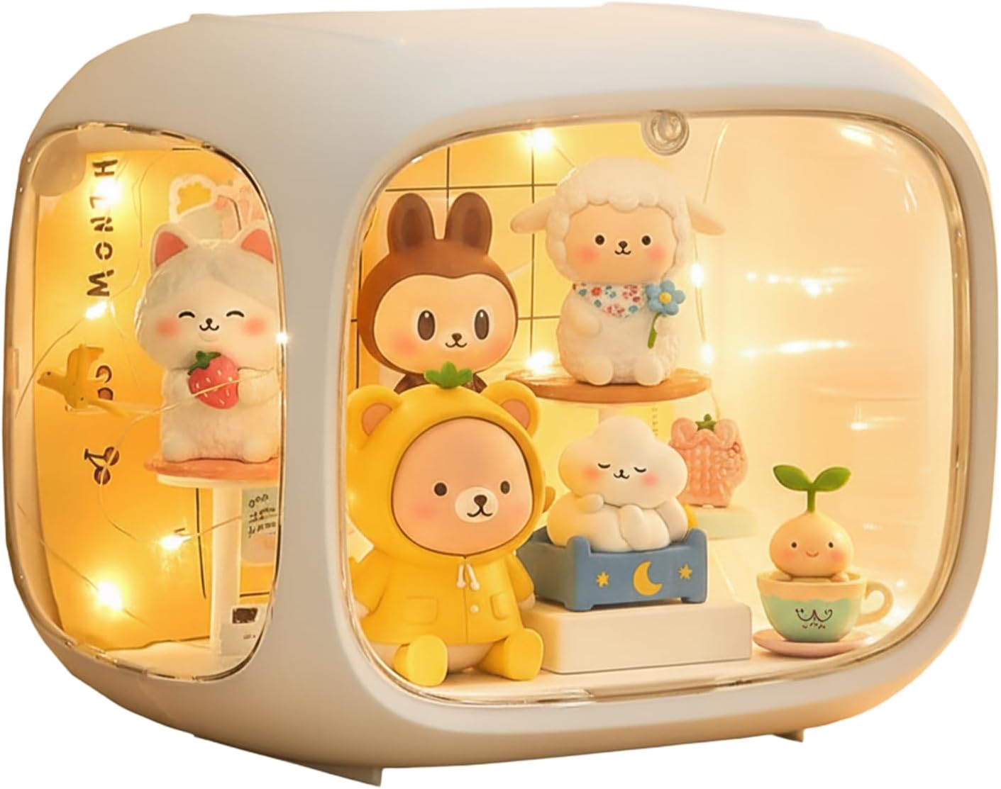 Beige acrylic Labubu display case with LED light holding figures