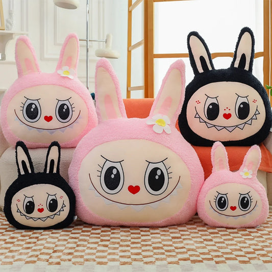 Labubu-style plush pillow cushion with rabbit face in pink and black
