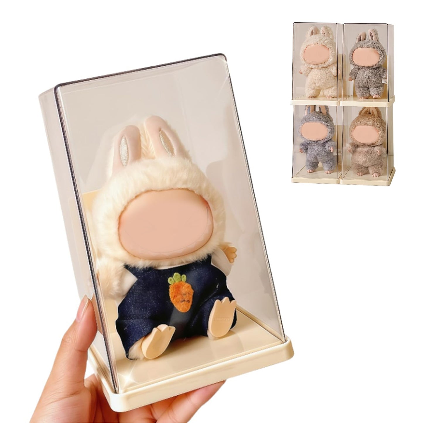 Rotating 360° clear Labubu display case with dust-proof cover holding a figure